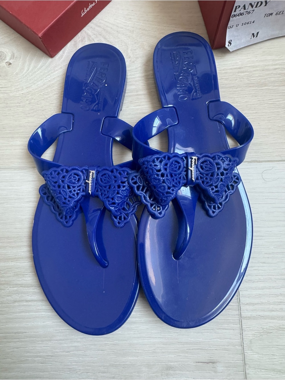 Salvatore Ferragamo Royal Blue Lace Bow Jelly Thong Sandals